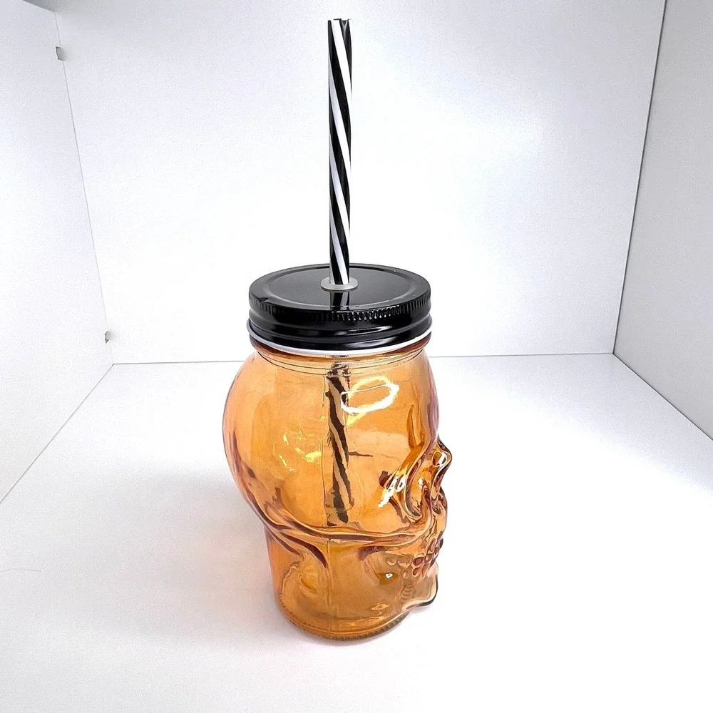 Skull Glass‎ with Straw Halloween Orange Travel Cup Mason Jar Mug 14oz